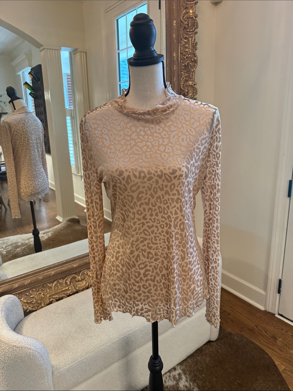 Hem & Thread Beige Leopard-Print Mock Neck Long Sleeve Top